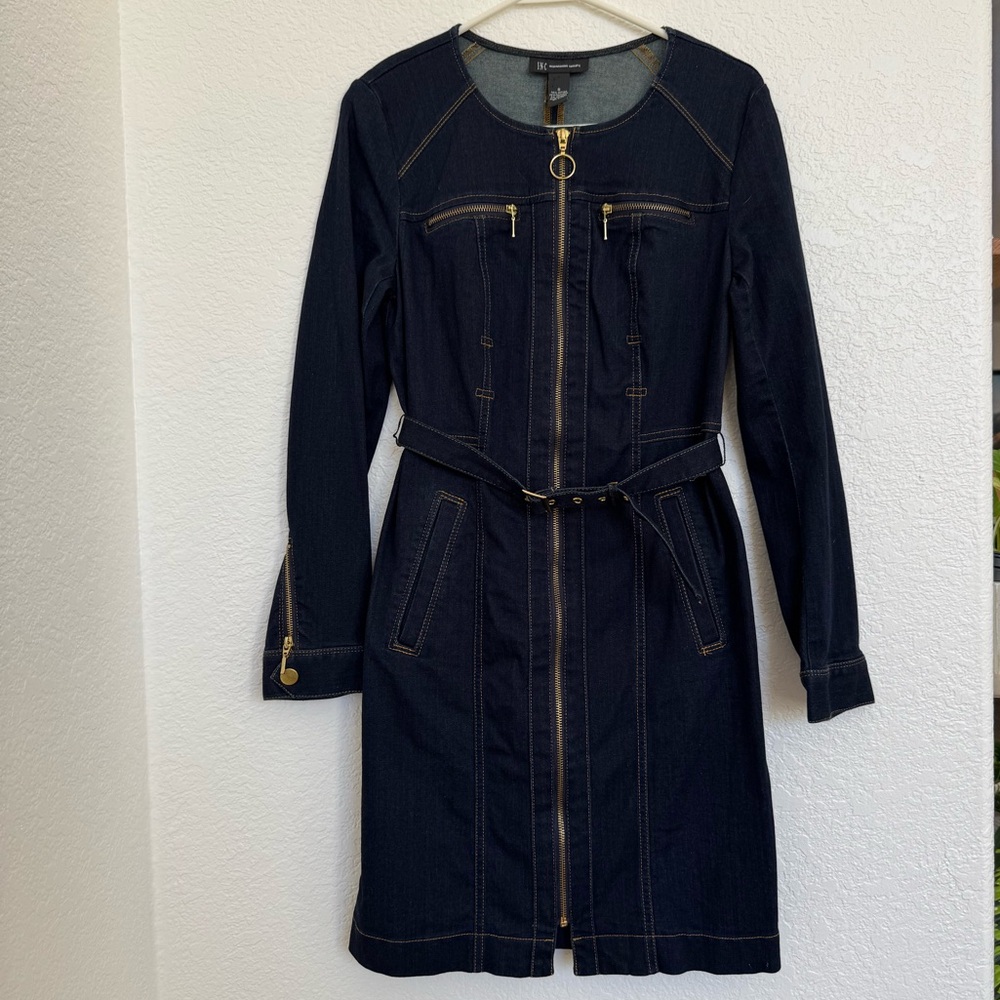 INC International Concepts Denim Utility Dress - Dark Wash Zip-Front Belted Midi